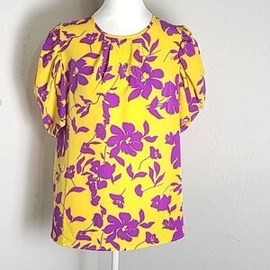Shein Gold Blouse with Purple Flowers, Short Puff Sleeves, Size XL